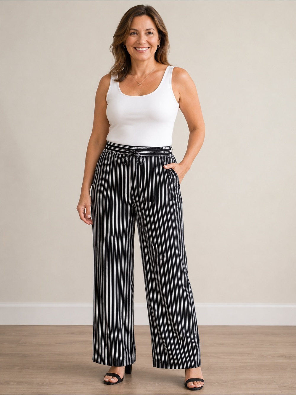 Leslie Fay Black and White Striped Wide Leg Pants, women’s Size 12P 12 Petite